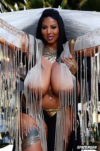 large natural breasts, gigantic bulging boobs, full view, emerald bracelet