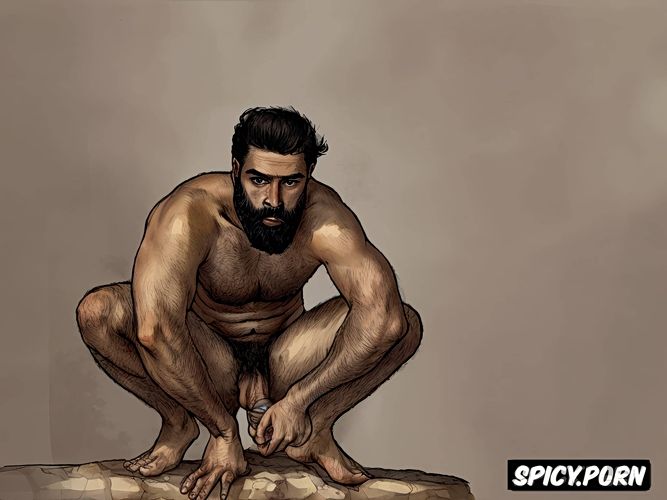 sketch of one alone bearded naked hairy man big testicles big penis thick natural eyebrows squatting arabian arab male sweating perfect face highest quality hands feet masterful composition soft lighting