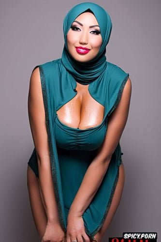symmetrical, from forehead to mid thigh framed photo, in hijab and stay ups