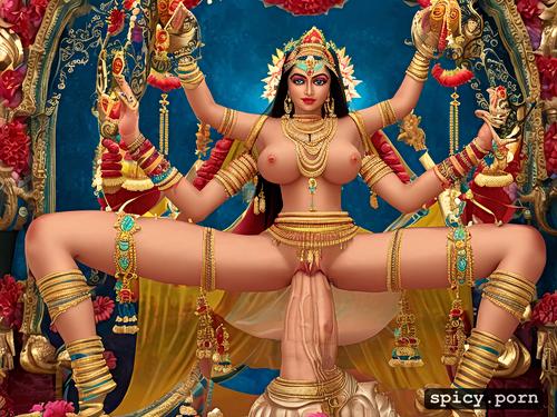 gaping pussy, busty, highres, masterpiece, female indian godess kali with six arms