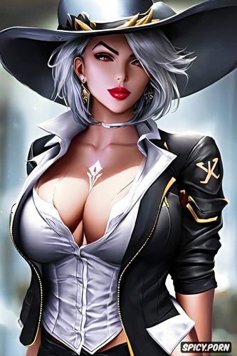 masterpiece, ashe overwatch female president of the united states black blazer white shirt shirt unbuttoned beautiful face chest tattoos milf