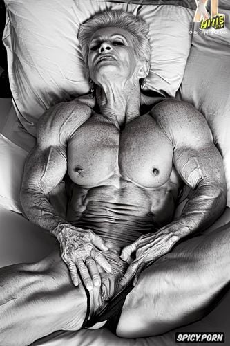 gilf, senior granny caucasian female bodybuilder, rippling vascular abs