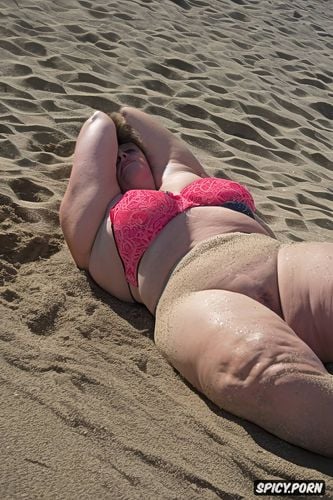 super realistic k quality cinematic, fat obese old woman lying on the beach sand sunbathing face up