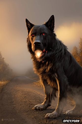 rural highway, red glowing eyes, big black dog, dense fog, moor
