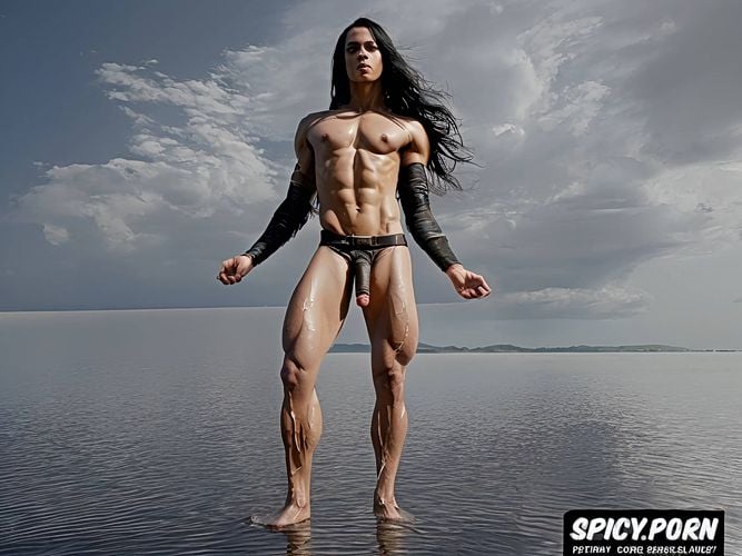 nude, huge dick, soles resting on water surface, a transgener female look with huge dick