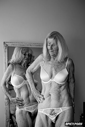 wearing ugly white bra and panties, thin ninety year old woman