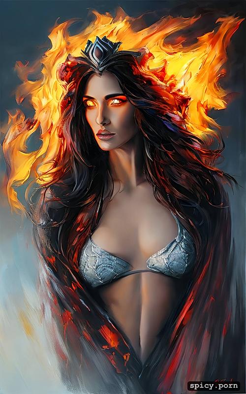 queen of fire character, epic, pastel, crown made of flames