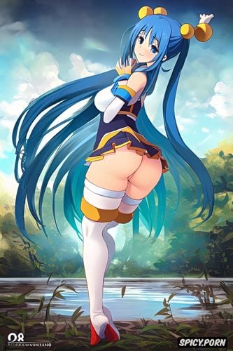 uncensored, blue thighhighs, breasts, hair rings, female, anus