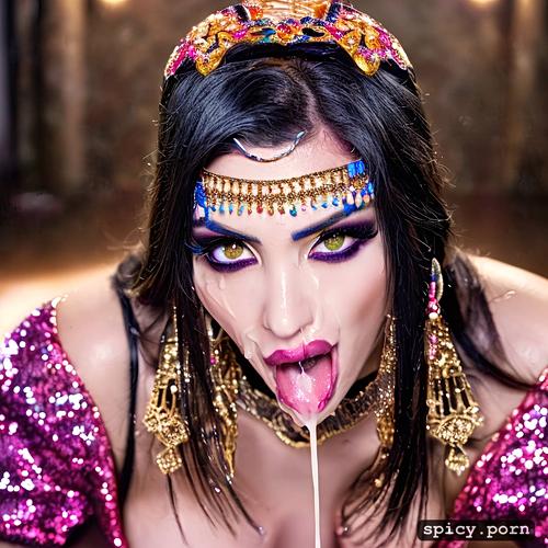 in a high resolution 4k image many colors an 30 year old berber woman adorned with hair jewelry staring straight into camera with tongue out in a face portrait with a very long neck in a necklace sticking her very long tongue out in the camera tongue ring long tongue pink tongue tongue out cum on tongue cum all over face pov bukkake colored stained glass background rendering bimbo pouty lips square jaw glitter lipstick bukkake