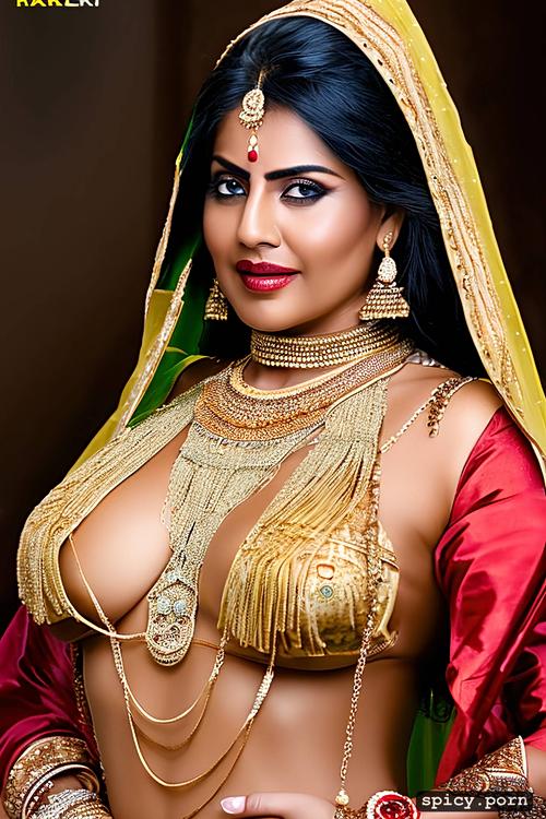 half saree, black hair, chubby body, gorgeous face, indian bride