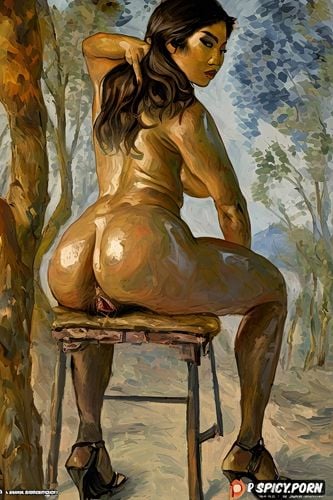 thai woman, pallette knife painting, beautiful pussy view, mature milf
