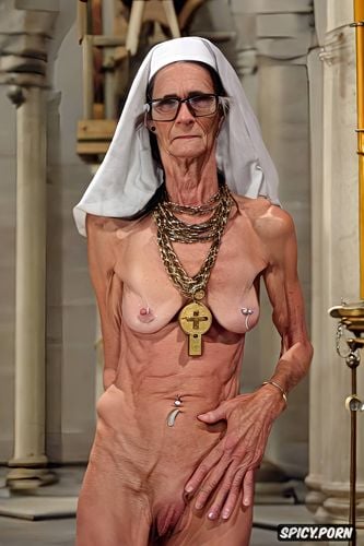 ribs showing, extremely old grandmother, cross necklace, loose flat tits