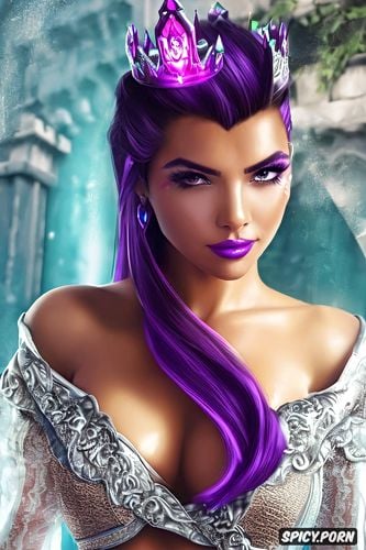 sombra overwatch female princess fantasy castle crown royal robes beautiful face portrait muscles