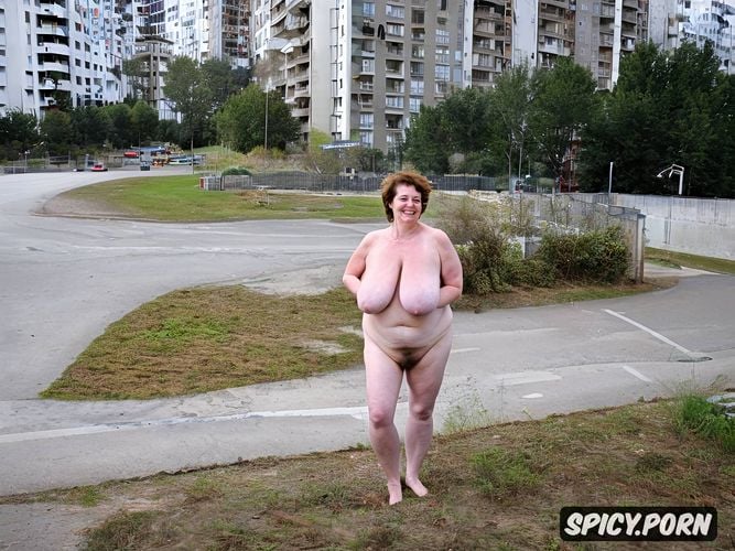 worlds largest most saggy breasts, standing straight in east european high apartment concrete buildings populated streets large view with people in backround