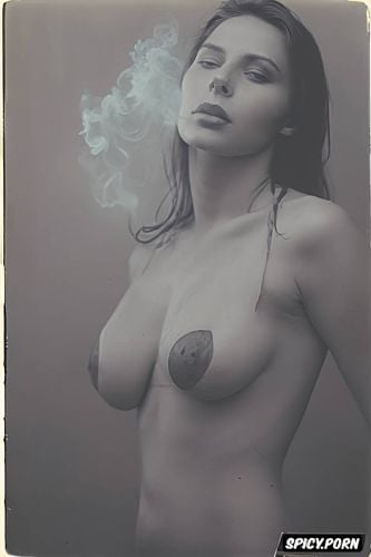 polaroid photography, smoke, fog, voluptuous body, steam, analog photography