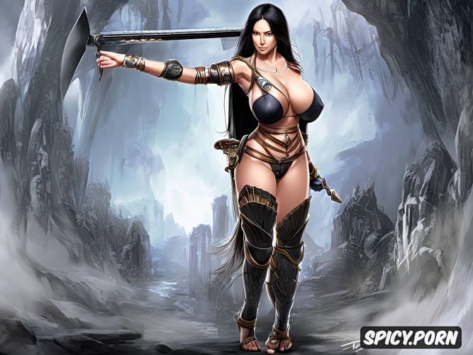 ultra realistic, flowing hair, black hair, exotic woman, sword