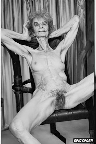 super old granny, naked, gaunt, chair, spreading legs, zombie