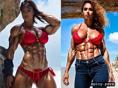 extremely shredded abs, water hose in hand, female bodybuilder