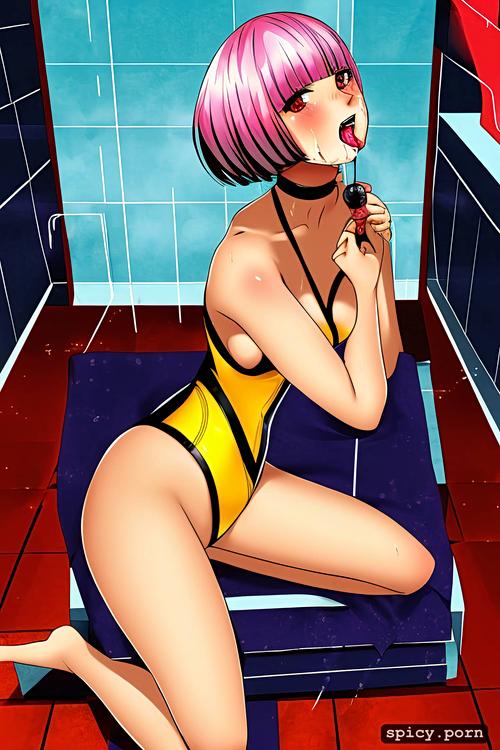 in the shower, latex black swimsuit, persona 5, on her knees