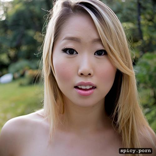 asian woman, light hair, ahegao face, white sexy american lady