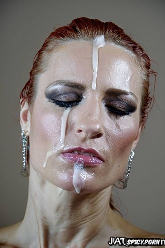 solid colors, front, mature woman, covered in cum facial, centered