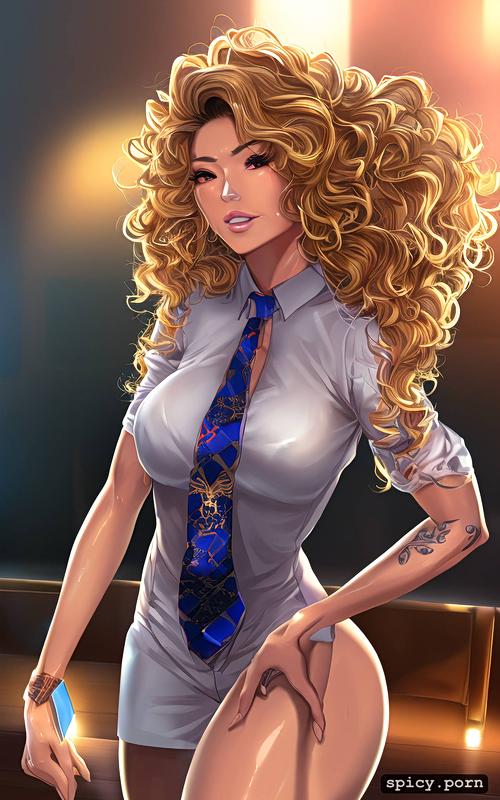 fully dressed in business attire, realistic, shy, blond curly hair