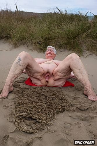 98 years old, very saggy long hanging empty breasts, spread legs