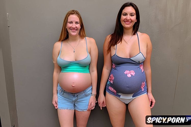 in front of gray wall, wide hips, very large saggy breasts, large pregnant belly