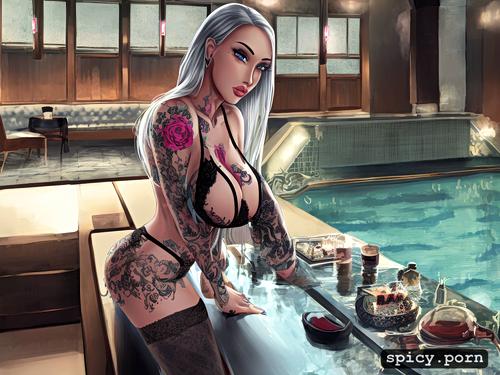 actual detailed model color photo, perfect blue eyes, slim, inked up shooting lolo