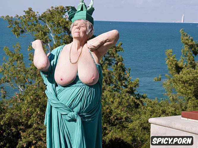 poses like the statue of liberty 16 k, 90 year old fat old woman dressed as the statue of liberty seen in full body showing her well detailed obese body