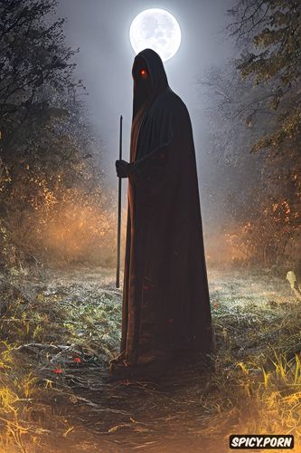 scary glowing grim reaper, moonlight, foggy, some meters away