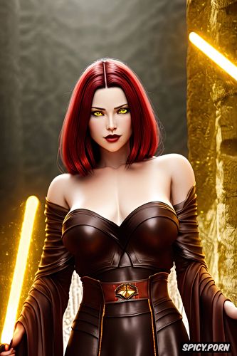 yellow eyes, sultry pout, beautiful face, female sith lord, short curly red hair