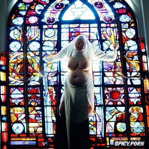 nun, hanging empty saggy tits, wrinkly face, chained open pussy