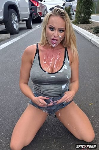 tanktop with deep cleavage, verry angry young european teen with cum splattered face and cleavage