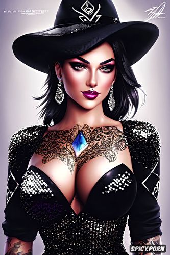 ashe overwatch beautiful face young sexy low cut black sequin dress
