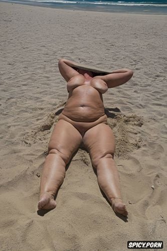 fat old woman full body lying on the beach sand sunbathing face up