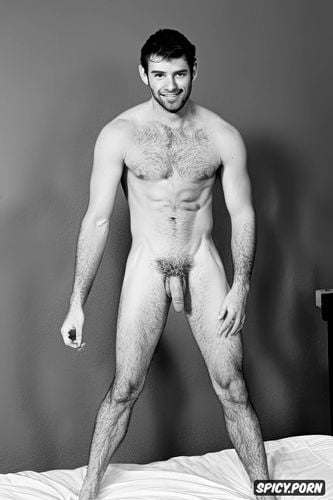 two men, super big, 12k, nude, wide legged standing with big dick his shining dick with high detail