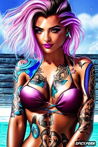 high resolution, k shot on canon dslr, tattoos masterpiece, sombra overwatch beautiful face young sexy beach bikini