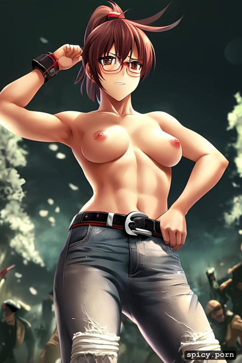 fighting pose, topless, small breasts, wounded, cool face, glasses