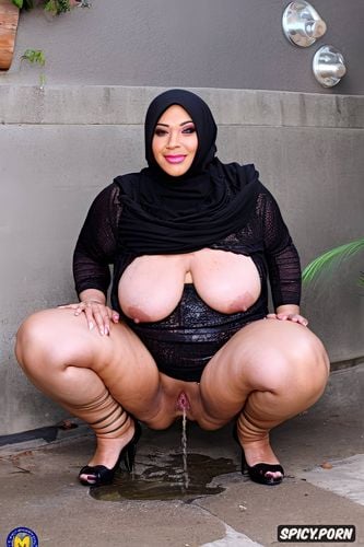 hijab, newt to pee, ssbbw, heels, arab milf, pissing, squatting