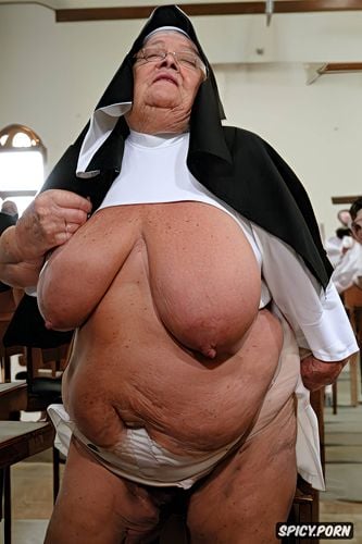 the very old fat grandmother nun in church has nude pussy under her skirt