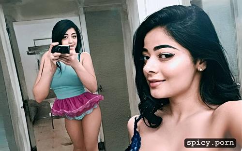 low quality camera, leaked pic style, no makeup, selfie, rashmika face woman
