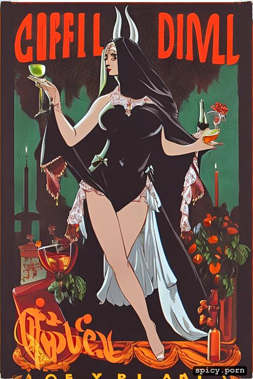 poster, red, devil in devil costume, vintage style, orange, green wine bottle