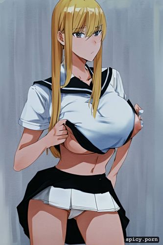 18 years, medium boobs, white woman, school uniform, blonde hair