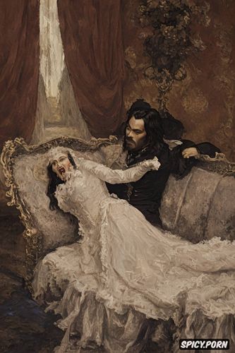 dracula, werewolf, husband and wife on couch, hairy vagina, open mouth