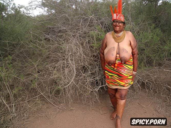 black ugly skin, legs wide spread, ugly dark skin, traditional indian headdress with big bird feathers