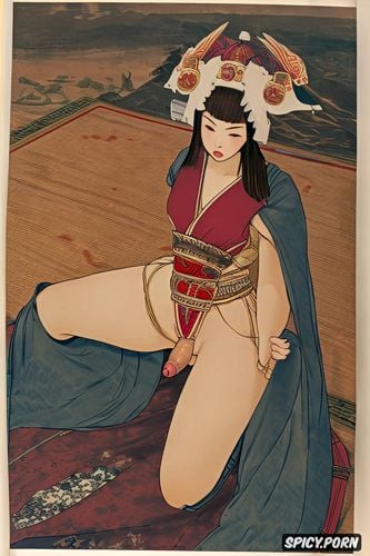 wearing red tunic, dimensional, gold frame, carpet texture, flat painting japanese woodblock print