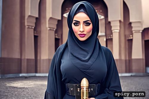abaya, dildo, in gym, thick body, perfect face, pixie hair, light hair