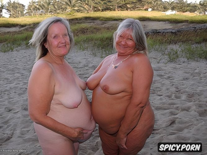 crowded beach, fully naked granny, ugly, huge hanging breasts