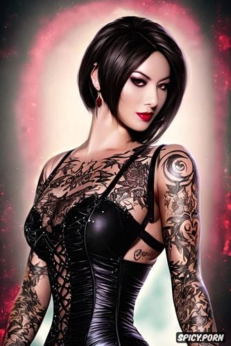 high resolution, ada wong resident evil beautiful face young tight low cut black lace wedding gown